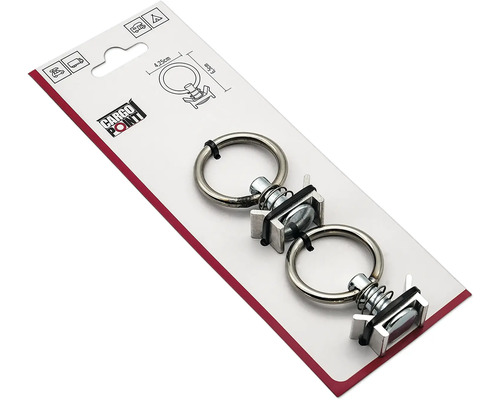 Deux anneaux de fixation Cargo Point en métal galvanisé pour rails, adaptés aux remorques et au camping, Cargo Point Logo.
