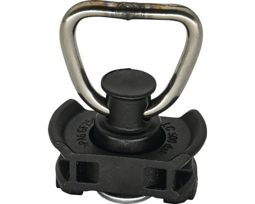 Pion de fixation pour rails d'arrimage avec base en plastique noir et anneau métallique, capacité de charge 500 Dekanewton.