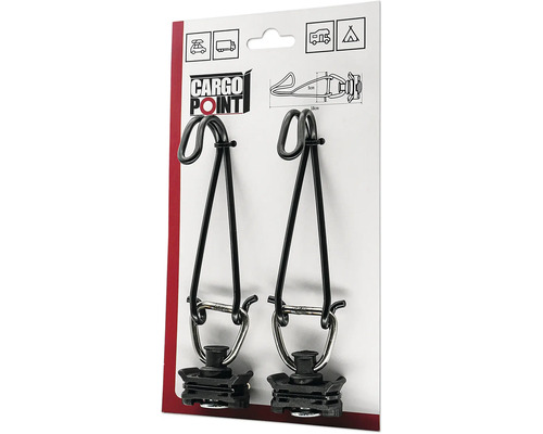 Deux crochets d amarrage noirs en métal de Cargo Point sur emballage avec Cargo Point Logo pour sécuriser le chargement des véhicules et du camping.