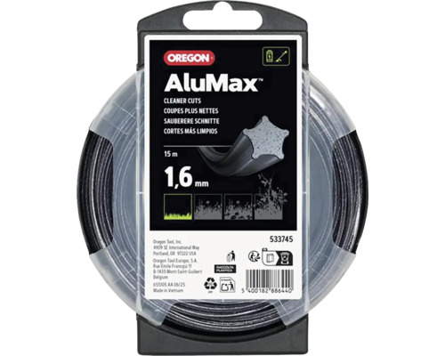 Oregon Logo, AluMax Mähfaden, 1,6 Millimeter Durchmesser, 15 Meter Länge, sternförmiges Profil für saubere Schnitte.