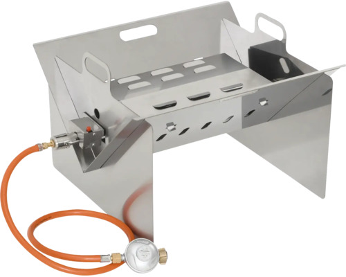Edelstahl-Gasgrill mit Belüftungsschlitzen, Gasschlauch und Druckregler.