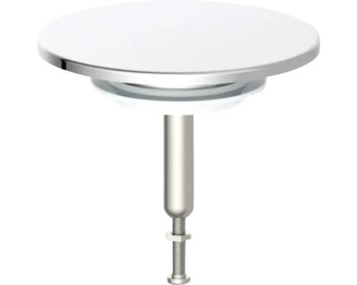 Bouchon de lavabo avec couvercle blanc et tige métallique réglable.