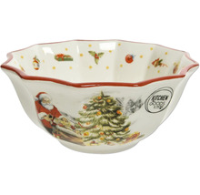 Schüssel aus Keramik mit weihnachtlichen Motiven wie Weihnachtsmann und Tannenbaum, gewellter Rand, Kitchen Goods and More Logo.