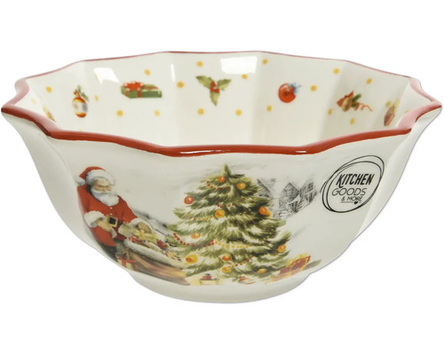 Schüssel aus Keramik mit weihnachtlichen Motiven wie Weihnachtsmann und Tannenbaum, gewellter Rand, Kitchen Goods and More Logo.