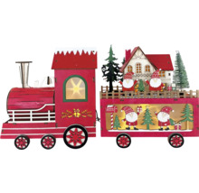 LED-Weihnachtszug aus Holz bestehend aus Lokomotive und Waggon mit Weihnachtsmann-Figuren, Tannenbäumen und Haus.
