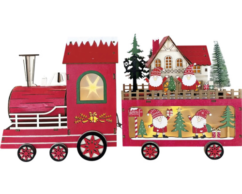 LED Deko XMAS Zug aus Holz 7.5 x 35 x 18.5 cm rot LED-Weihnachtszug aus Holz bestehend aus Lokomotive und Waggon mit Weihnachtsmann-Figuren, Tannenbäumen und Haus.
