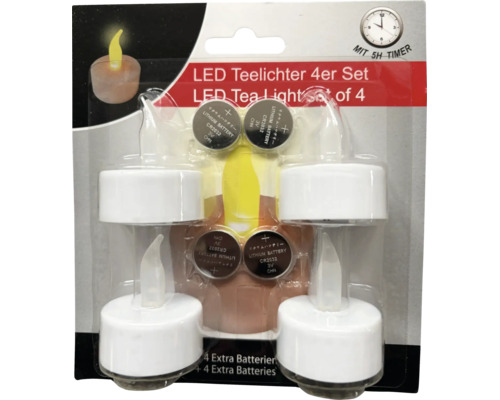 Weiße LED Teelichter im 4er Set mit 5 Stunden Timer Funktion und 4 zusätzlichen Lithium Batterien.
