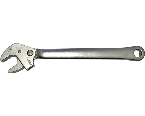 Verstellbarer Einmaulschlüssel aus Metall mit Druckknopfeinstellung und Aufhängeloch.