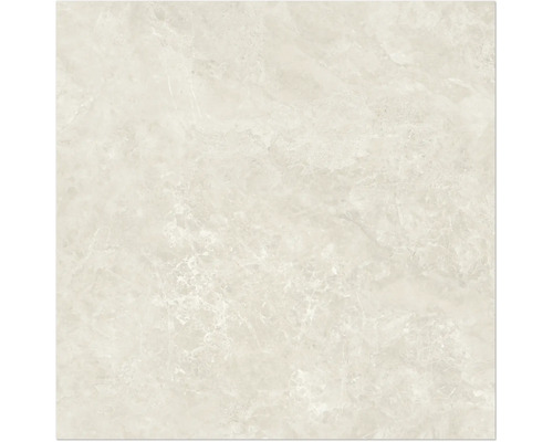 Carrelage en grès cérame aspect marbre beige clair.