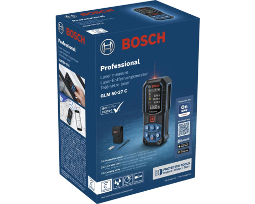 Télémètre laser Bosch Professional GLM 50-27 C dans son emballage avec Bluetooth, portée de 50 Meter, housse de protection et accessoires.