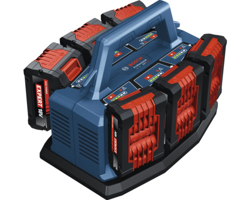 Bosch Professional 18 Volt Multi-Ladegerät mit sechs Akkus und Tragegriff.