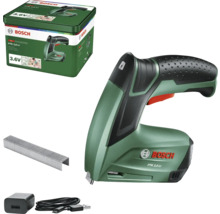 Agrafeuse sans fil Bosch PTK 3,6 LI 3,6 volts, avec agrafes, chargeur et boîte de rangement en métal.