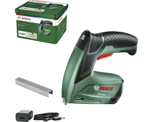 Agrafeuse sans fil Bosch PTK 3,6 LI 3,6 volts, avec agrafes, chargeur et boîte de rangement en métal.