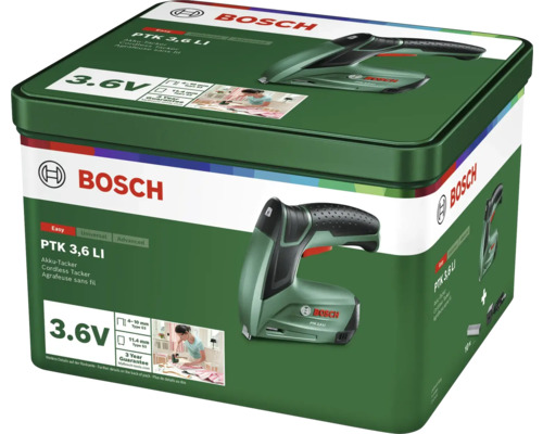 Agrafeuse sans fil Bosch PTK 3,6 LI avec 3,6 Volt dans une boîte métallique.