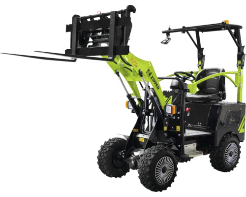 Chargeuse compacte électrique Zipper avec fourche à palettes et quatre roues tout-terrain