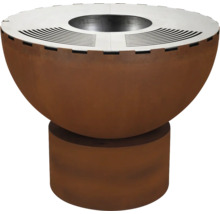 Feuerschale mit Grillring in Corten-Stahl-Optik, rundes Design mit Sockel.