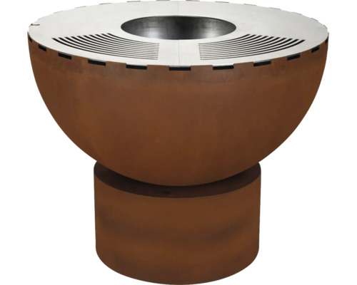 Feuerschale mit Grillring in Corten-Stahl-Optik, rundes Design mit Sockel.