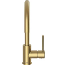 Lenz Küchenarmatur Einhebelmischer in Gold mit hohem rundem Auslauf und seitlichem Hebel.