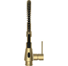 Lenz Küchenarmatur mit Profi-Spiralfeder, ausziehbarer Geschirrbrause und Einhebelmischer in Gold-Optik.