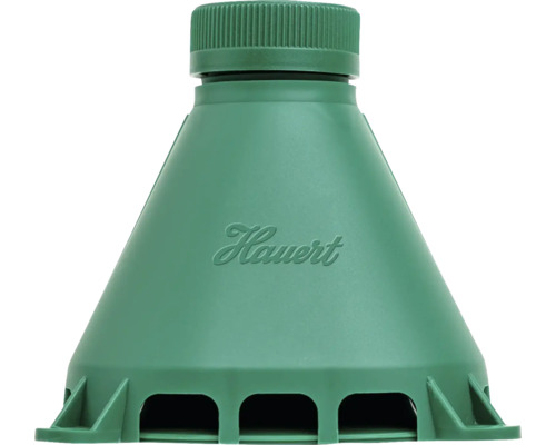 Piège à limaces Hauert en plastique vert avec bouchon à vis et ouvertures d'entrée à la base.