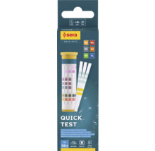 Sera Quick Test zur Messung von sechs Wasserwerten für Aquarium, Teich und Pool, Packung mit 50 Teststreifen und Farbskala, Sera Logo.