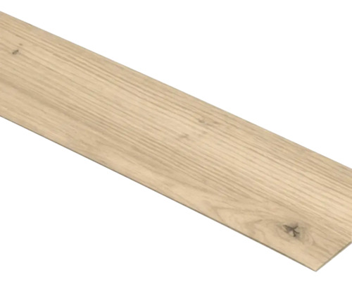 Lame de sol aspect chêne clair avec veinage du bois et nœuds apparents.