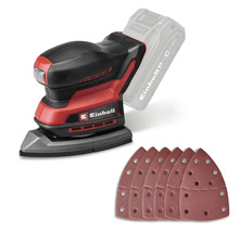 Einhell Akku Multischleifer mit sechs Stück Schleifpapier für präzises Schleifen in Ecken und Kanten.