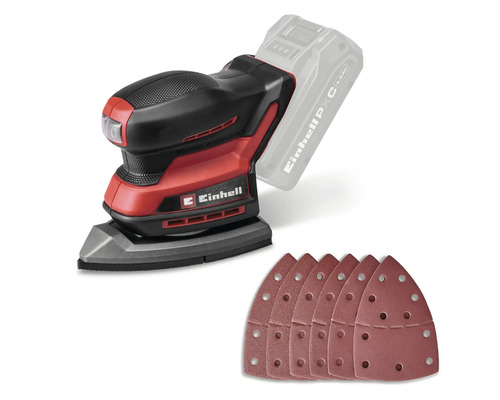 Einhell Akku Multischleifer mit sechs Stück Schleifpapier für präzises Schleifen in Ecken und Kanten.