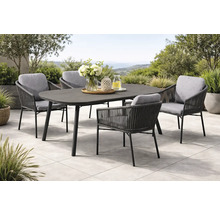 Ensemble de jardin composé d une table ovale sombre et de quatre fauteuils en corde grise avec coussins gris clair sur une terrasse lumineuse.