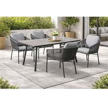 Salon de jardin moderne avec une table rectangulaire grise et quatre chaises en corde avec coussins gris clair sur une terrasse lumineuse.