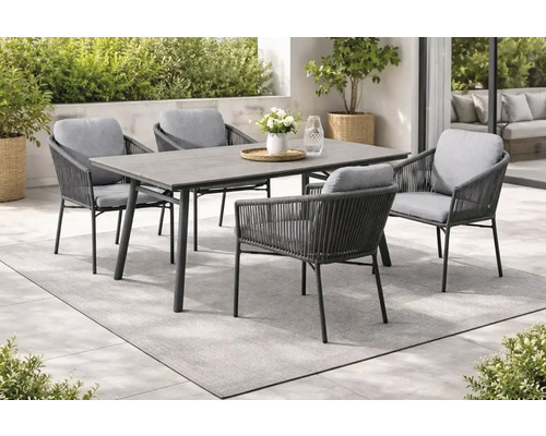 Salon de jardin moderne avec une table rectangulaire grise et quatre chaises en corde avec coussins gris clair sur une terrasse lumineuse.
