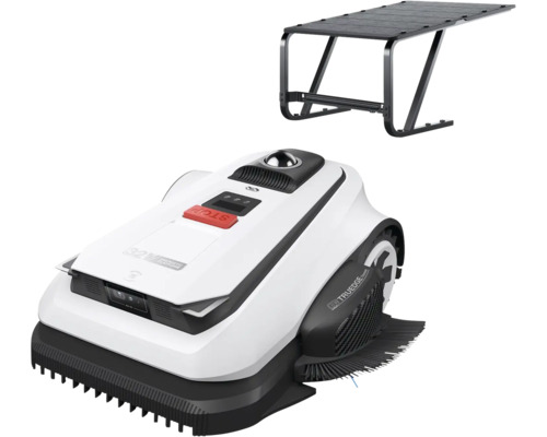 Mähroboter mit weissem Gehäuse, schwarzen Details und roter Stopp-Taste, inklusive schwarzem Garagendach.