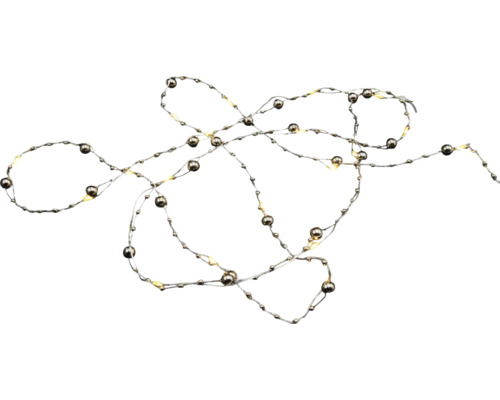 LED-Lichterkette mit warmweißen Lichtern und dekorativen Metallperlen auf feinem Silberdraht.