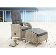 Gartensessel mit Hocker aus hellgrauem Geflecht und dunklen Polstern auf einer hellen Holzterrasse in organisierter Atmosphäre mit Wasserblick.