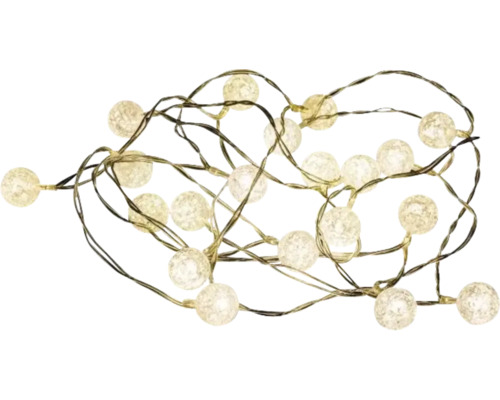LED-Lichterkette mit strukturierten Deko-Kugeln in Crackle-Optik und dunklem Kabel für den Innenbereich.