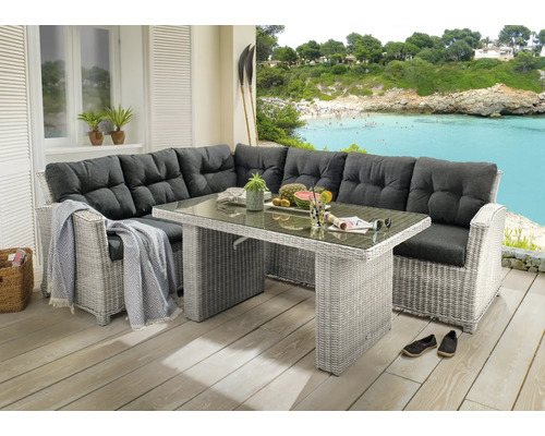 Salon de jardin moderne en résine tressée grise avec coussins foncés et une table haute assortie avec plateau en verre.