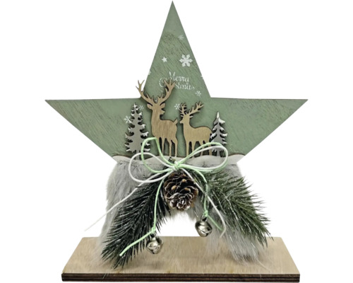 Weihnachtsdekoration Holzstern mit Rentieren, Tannenzapfen und Kunstzweigen auf einem Holzsockel.