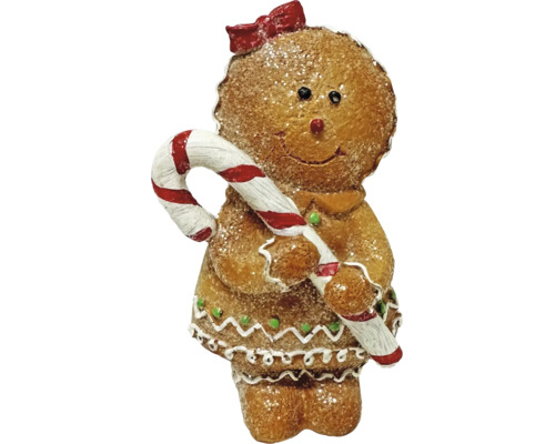 Lebkuchen-Mädchen Figur mit Zuckerstange und Schleife, glitzernde Weihnachtsdekoration.