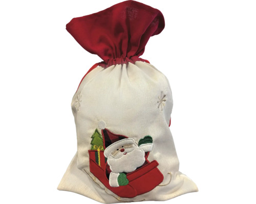 Weihnachts-Geschenksack aus cremefarbenem und rotem Stoff mit Kordelzug, bestickt mit Weihnachtsmann im Schlitten und Schneeflocken.
