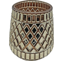 Teelichthalter aus Glas mit geometrischem Reliefmuster und metallisch glänzender Oberfläche.