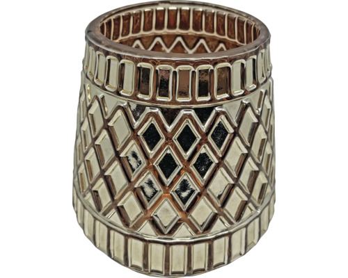 Teelichthalter aus Glas mit geometrischem Reliefmuster und metallisch glänzender Oberfläche.