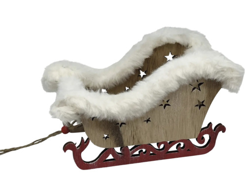 Weihnachtsdekoration Holzschlitten mit weissem Plüschrand und Sternenaussparungen.