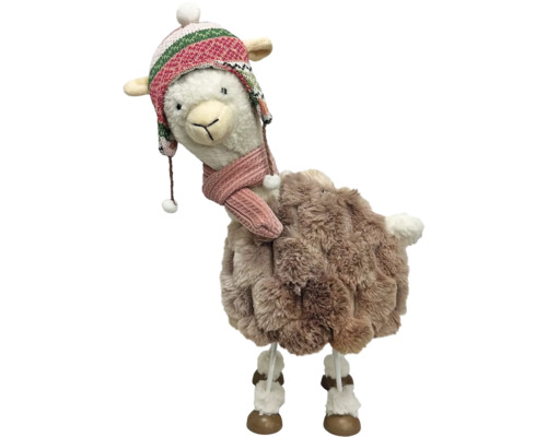 Dekorative Lama-Plüschfigur mit Strickmütze und Schal.