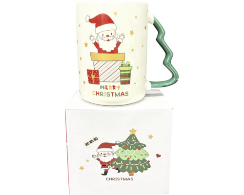 Weihnachtstasse aus Keramik mit Nikolaus Motiv und grünem Henkel in Tannenbaumform inklusive Geschenkverpackung.