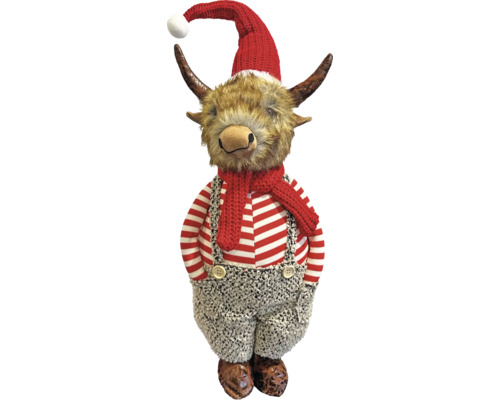 Weihnachtsfigur Highland-Rind aus Textil mit roter Mütze, Schal, gestreiftem Shirt und grauer Latzhose.