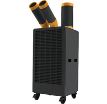 Mobiles Klimagerät Spotcooler in Schwarz und Gelb auf Rollen mit drei Lüftungsrohren und großem Frontgitter.