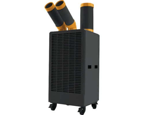Mobiles Klimagerät Spotcooler in Schwarz und Gelb auf Rollen mit drei Lüftungsrohren und großem Frontgitter.