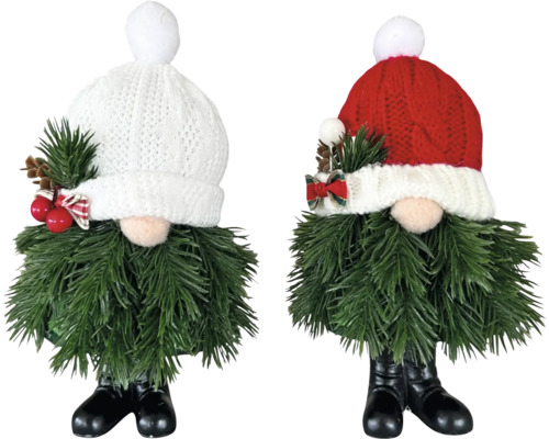 Zwei Weihnachtswichtel mit Strickmützen und Körpern aus künstlichem Tannengrün.