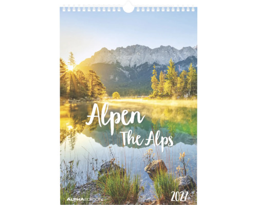 Wandkalender Alpen 2027 mit Berglandschaft und See, Alpha Edition Logo.