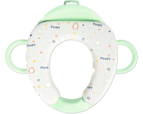 Réducteur de toilette rembourré vert clair pour enfants avec poignées et motif de pingouins et d'étoiles de Poupy.